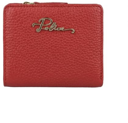 Police Portefeuille Femme Cuir Véritable Grainé Rouge - Compact, Porte-monnaie Zippé, Bouton Pression, Boîte Cadeau