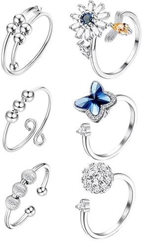 OUNONA 6 Verstellbare Rotierende Ringe aus Kupfer und Zirkon mit Perlen für Damen Modischer Fingerschmuck zum Stressabbau im Alltag
