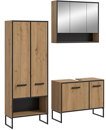 xonox.home – Badkombination Bagno 154x192x36 cm in Artisan Oak Nachbildung – 3-teiliges Set inkl. Waschbeckenunterschrank, Spiegelschrank & breitem Hochschrank – Viel Stauraum im rustikalen Holz-Look