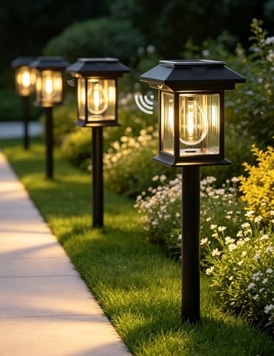 ACMHNC 4 Stück Solarlampen für Außen mit Bewegungsmelder, USB-Ladung, IP65 | 3-in-1 Solar Gartenleuchten 3 Montagearten mit Erdspieß, Wand und Haken, 3000K, 3 Modi für Weg Terrasse Balkon Hof