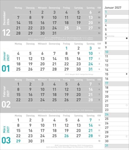 times&more 4-Monatsplaner, türkis 2027: times&more - Praktischer Wandplaner mit Datumsschieber. Büro-Kalender mit Notizspalte und Jahresübersicht. Wandkalender 2027 fürs Büro. 30 x 35 cm.