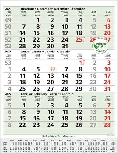 3-Monats-Planer Comfort Recyclingpapier 2027: 3-Monatskalender groß, Nachhaltiger Wandkalender/Bürokalender, Vor-und Nachmonat und Jahresübersicht. 30 x 39 cm