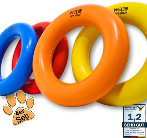 WEPO Beißring - 4X Puller Ring - Welpen Kauspielzeug Ø 9cm - Hundespielzeug Hartgummi - Ziehspielzeug - Robuste & Interaktive Kauringe für Kleine & Große Hunde (4 Farben)