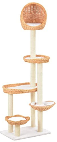 vidaXL Handmade Natural Willow Wood Cat Tree - Comfortable Cat Scratching Post with Soft Plush, Sisal Rope and Cozy Baskets for Relaxation and Exercise