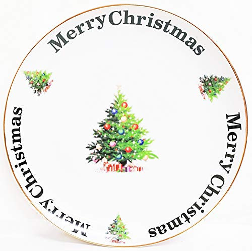 Xmas Tree Merry Christmas Platter 31 cm 12 Gilded Porcelain Round Serving Plate Hand Decorated UK