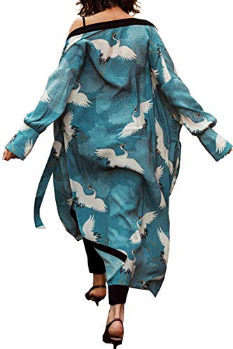 LikeJump Women's Cotton Beach Cardigan Maxi Bohemian Dress Long Kimono Swim Suit Cover Up Robe Green