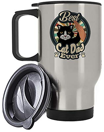 Best Cat Dad Ever Funny Kitten Cat Fist Bump Birthday/Christmas Stocking Filler Unique 14 Oz Travel Mug. (Silver)