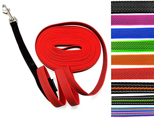 Schleppleine gummiert MIT RUCKDÄMPFER 1m - 30m / 20mm breit/für mittlere und große Hunde MIT/OHNE Handschlaufe (5m MIT Handschlaufe, Rot gummiert)