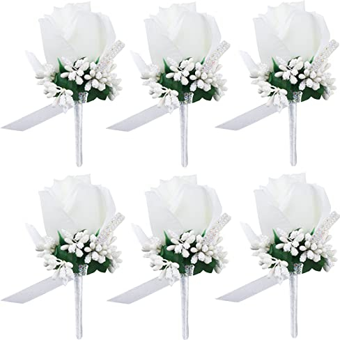 Febou Weiße Hochzeits-Rosen-Anstecknadel mit Anstecknadeln für Herren, Hochzeit, Trauzeugen, Trauzeugen, Ansteckblume, Bräutigam, für Hochzeit, Party, Abschlussball (Boutonniere, Weiß, 6 Stück)