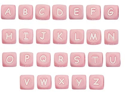 BEEFLYING 26 Pink Silicone Square Dice Letter Beads, 26 Styles, Large Hole, Spacer, Loose Beads for Bracelet Necklace Jewelry Making