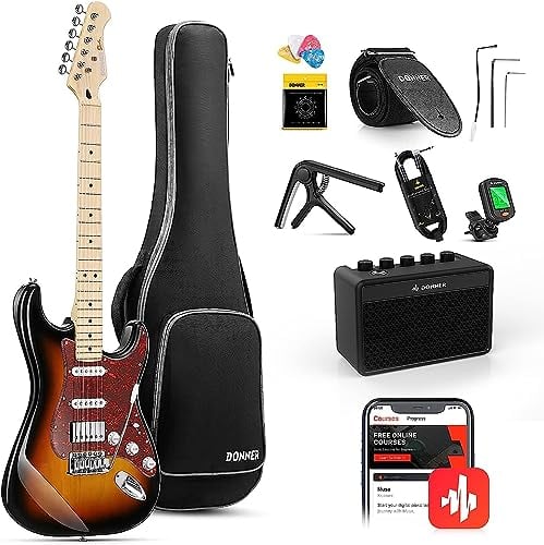 Donner Electric Guitar, DST-152S 39 Electric Guitar Kit HSS Pickup Coil Split, Guitar Starter Pack for Adult Beginners with Amp, Bag, Accessories, Sunburst