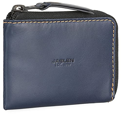 JASLEN - Porte Monnaie Homme Cuir Souple Petit Format - Petit Porte Monnaie Homme - Bourse Porte Monnaie Multi Rangements Anti RFID. Porte Carte Cuir., Bleu Marine-Camel