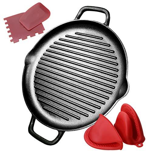 Bistecchiera in ghisa pre-stagionata – 12,6 pollici rotonda grill pan con doppi manici per barbecue e fornello cottura