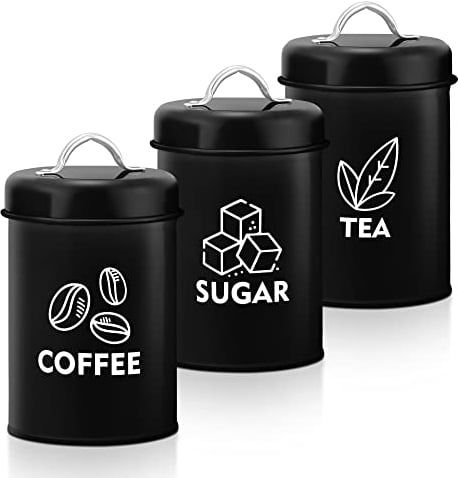 Joyfair Tea Coffee Sugar Canisters, 3 Pack of Metal Storage Jars with Air Tight Lid, Round Food Canisters Great for Storing Beans, Nuts, Candies, Cookies, Ideal for Kitchen/Office/Camping, Black
