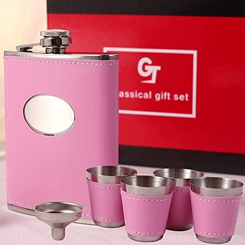 Edelstahl Flachmann Frauen 8Oz /227 ml Geschenkset Mit 4 Becher 1 Trichter, aus Rosa Leder Geeignet Zum Tragen von Alkohol Upscale Geschenk Set für Damen Geeignet