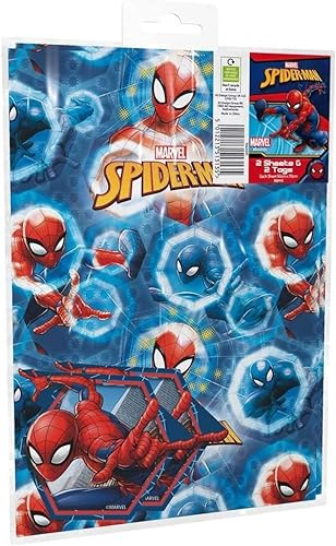 Marve Spiderman Geschenkpapier, 2 Bögen Geschenkpapier und 2 Geschenkanhänger, blau, rot