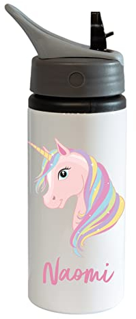Printaname - Unicorn Personalised Kids Drinks Sports Childrens Water Bottle 600ml Aluminium Hot Cold Flip up Lid, White