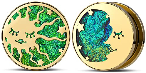 KOOBODY 1-Paar Sonne Mond Sterne Ohrmesser Hohle Schraube Fit Fleisch Tunnel Plugs Gold Grün Licht Bahren Edelstahl Piercings 8mm-25mm
