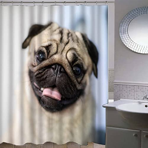 VASENA Duschvorhang Mops Antischimmel Wasserdicht Duschvorhang 120x180 Kinder Jungen Mädchen Hund Haustier Duschvorhang Polyester Textil mit 12 Hooks