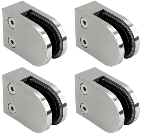 PRIOstahl Glashalter 4 Stück Glasklemmen Klemmhalter Glasplattenhalter 63 x 45 x 30 mm mit Sicherungsstift Anschluss: Flach für Glas 6 mm Geländer Balkon aus Edelstahl V2A