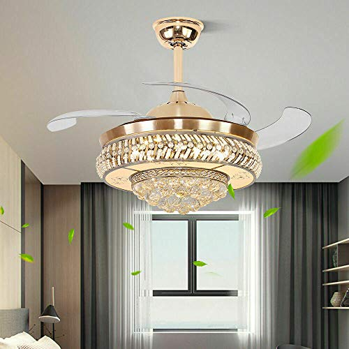 Lámpara de araña de 42 pulgadas Ventilador de techo LED Cristal Retráctil Invisible Ventilador de techo Luz regulable 3 velocidades y 3 luces de color con control remoto para dormitorio Comedor Sala d