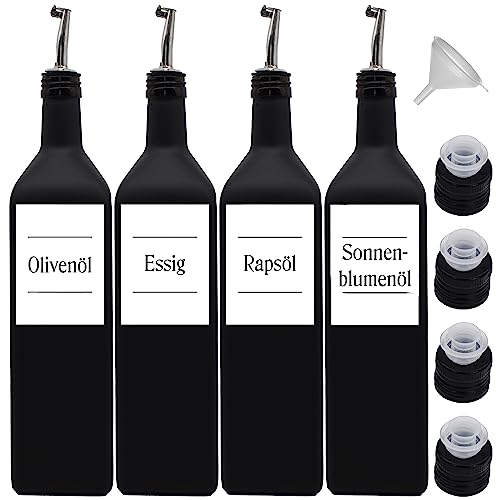 Ölflaschen 1 Liter schwarz-matt zum Befüllen mit Edelstahl-Ausgießer - wasserfeste Etiketten - Made in Germany - mit Deckel - langlebig (Ausgießer)