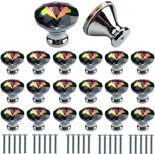 Roellgs 20 Piece 30mm Stained Crystal Glass Diamond Door Handle with Screws, Premium Light Luxury Handle Wardrobe Drawer Handle Single Hole Handle