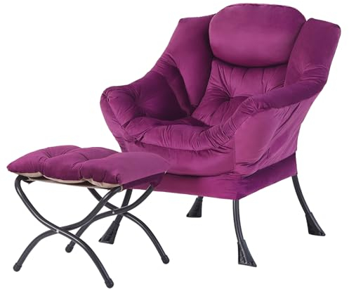 Welnow Lazy Chair with Ottoman, Modern Lounge Accent Chair with Armrests and a Side Pocket, Leisure Upholstered Sofa Chair Set, Reading Chair with Footrest for Small Space, Corner Chair