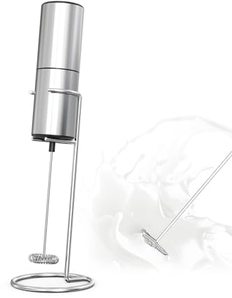 ELMWAY Electric Milk Frother – Battery Operated Handheld Foam Maker, Brushed Stainless Steel Body, Sleek Design for Kitchen & Everyday Use, with Stand, Silver Finish