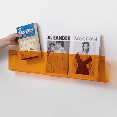 Zeitungsständer Langer Büro-Zeitungsständer aus Acryl - Wandhalterung Aufbewahrungsständer für Zeitungsbücher, Zeitschriften, Klarer Wandpräsentationsständer mit Montage, 60/80/120 cm (Color : Orange