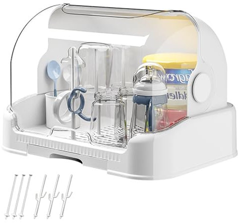 Porte-biberon, rangement de biberon, grand organisateur de biberon avec couvercle ＆ plateau de vidange amovible, porte-séchage à biberon portable à poussière pour armoire de cuisine