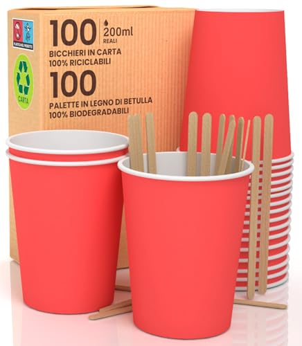 100 Bicchieri in Carta ROSSO 200ml in Carta con Palette Monouso Bevande Calde e Fredde, Tè Infusi Acqua Ecologici, Biodegradabili Tazze Monouso Colorate + 100 Palette da 11cm in Legno di Betulla