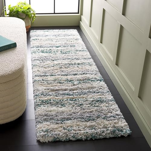 SAFAVIEH Fontana Shag 800 Collection Runner Rug - 8' Runner, Ivory & Green, Shag & Flokati Design, Ideal for High Traffic Areas in Hallway, Bathroom & Kitchen (FNT842C-28)