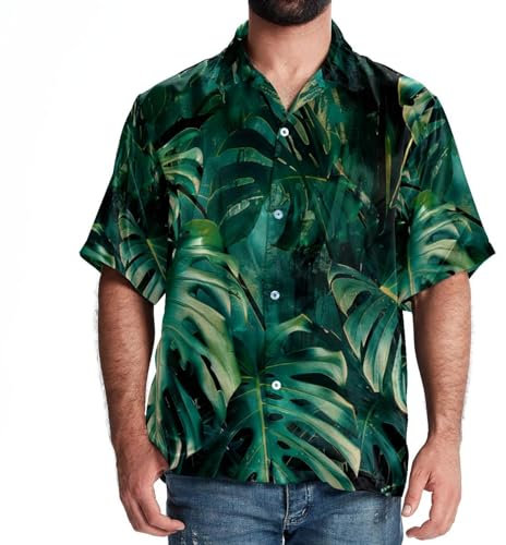 KQNZT Hawaii-Hemd, kurzärmelig, Button-Down, große und große Hawaii-Hemden für Herren, tropische Blätter, Monstera-Grün, Design 1379, XXL