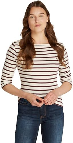 Tommy Hilfiger Women's Long Sleeve Slim Fit Boat Neck Top, Multicolor (Fine STP Calico/Deep Rouge), L