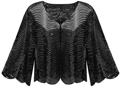 Agoky Damen Pailletten Jacke Glänzend Cardigan Langarm Bolero Tops Strickjacke Kurz Oberteile Party Cocktail Outfits Schwarz Einheitsgröße