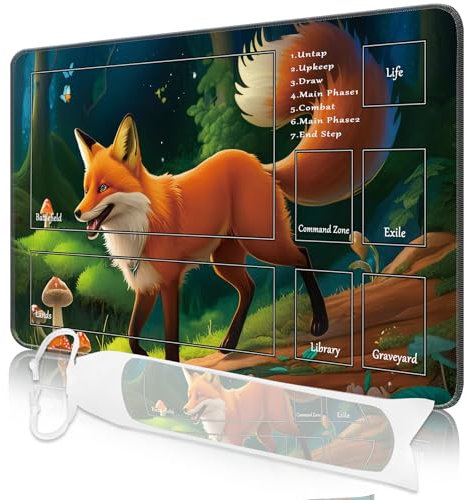 Nkddert MTG Spielmatte, 24x14in TCG Karte Spielmatte genähte Kanten MTG Commander Spielmatte 3mm dickes wasserdichtes MTG Spielmatte mit Zonen mit Aufbewahrungstasche(Fuchs Motive)