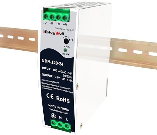 Fuente de alimentación de carril DIN de 24 V, 120 W, 5 A; transformador de 230 V a 24 V, carril DIN, 24 V CC, transformador de timbre, ReleyWell, NDR-120-24