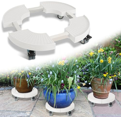 Tubiaz Pflanzenroller Rund, Rolluntersetzer Tragkraft 200KG, Einstellbar Ø38CM bis 54CM, Blumenroller mit 360°Drehbare Feststellrad, Blumentopf für den Innen- und Außenbereich, Wetterfest Weiß