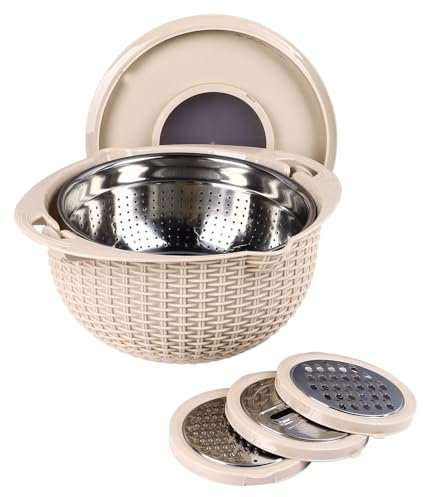 Passoire 4 en 1, outils de tranchage, passoire en acier inoxydable, panier de lavage en plastique, bol à mélanger, trancheuse de légumes, passoire à fruits de cuisine, bol rose (Beige)