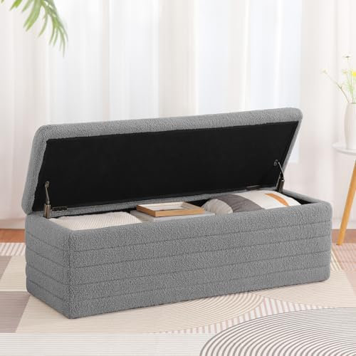 Meisax 118cm Sitzbank mit Stauraum, Polsterbank mit Teddy, Schuhbank mit Sitzfläche, Sitztruhe mit großem Stauraum Aufbewahrungsbox, Sitzbox für Schlafzimmer Wohnzimmer Grau