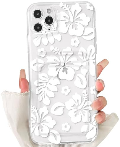 NITITOP Compatible with iPhone 11 Pro Max Case Clear with Card Holder Cute White Floral Pattern for Women Girl Hibiscu Soft TPU Shock-absorbing Wallet Case Protective Phone Cover - White