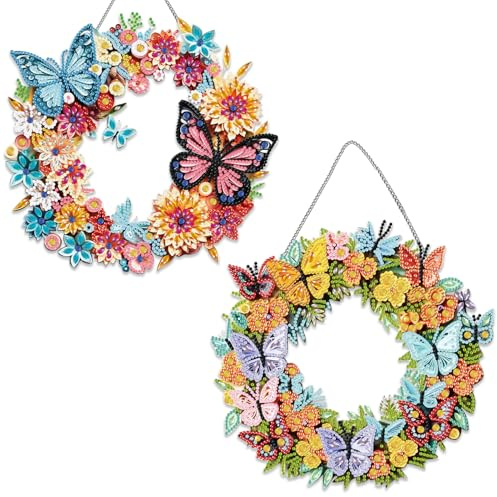 Fokenzary Kits de Arte de Diamantes para Adultos Pintura de Diamante 5D Kit de Colgante Mariposa Guirnalda DIY Pintura Especial con Gemas Señal Colgante (24 * 24cm*2pcs)