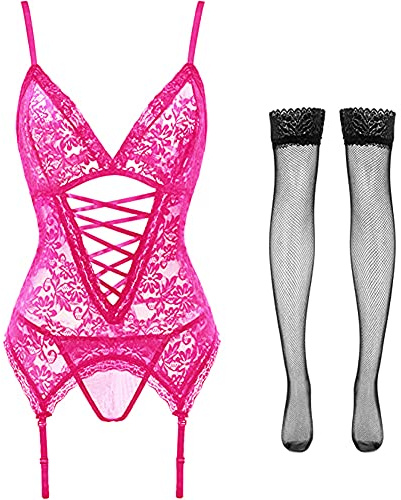 Women Lingerie Set Lace Bodysuit with Garter Belt Sexy Teddy Babydoll | Suspenders Thigh High Stockings Floral Strappy Underwear Deep V Neck Nightwear for Valentine Halloween Date