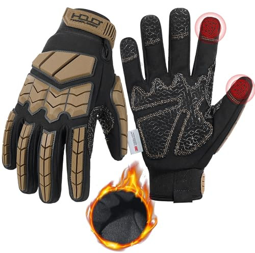 HANDLANDY Winter Water Resistant Work Gloves for Men, Padded Thermal Insulated Heavy Duty Impact Glove for Cold Weather (Tan-insulated, M)