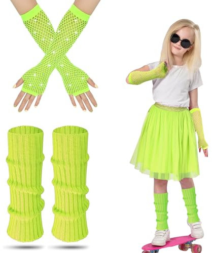 Neon Leg Warmers Kids, Kids 80s Green Leg Warmers With Neon Fishnet Gloves Warm Knitted Leg Warmer 80s Costume Accessories Set For Girls Fancy Dress 1980s Theme Party