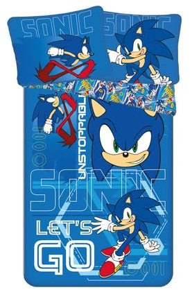 Jerry Fabrics Sonic The Hedgehog Official Let´s go Design Single Duvet Cover Set 140 x 200 cm | Reversible Bedding with Pillow Case 70x90 cm, Blue