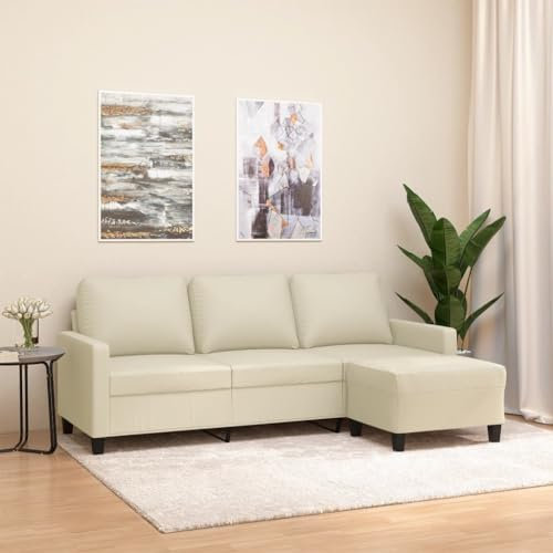 3-Sitzer-Sofa mit Hocker Creme 180 cm Kunstleder,Trendige Couchgarnitur aus Kunstleder: 3er Sofa mit Hocker Stil Wohnzimmer, Sofas