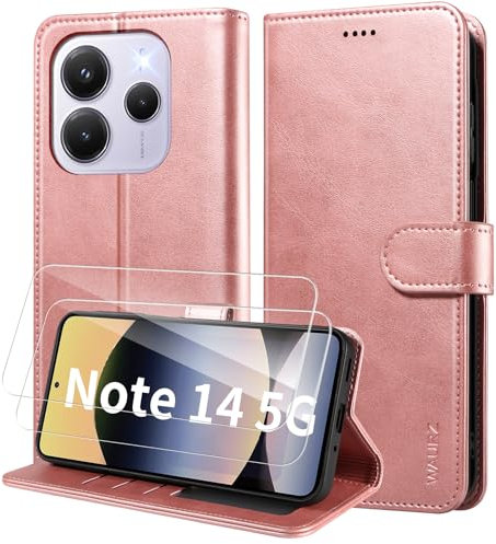WAURZ Coque pour Xiaomi Redmi Note 14 5G (Pas pour 4G), Etui Coque avec 2 Verre Trempé Porte Carte Clapet à Rabat Portefeuille Cuir Case Housse Protection Cover Étui pour Redmi Note 14 5G,Or Rose