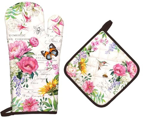 Arquiel Ofenhandschuh und Topflappen Blumen Schmetterlinge 2er Set, 100% Baumwolle Kochhandschuhe, Hitzebeständiger Küchenhandschuh Zum Kochen Backen Grillen Geschenk